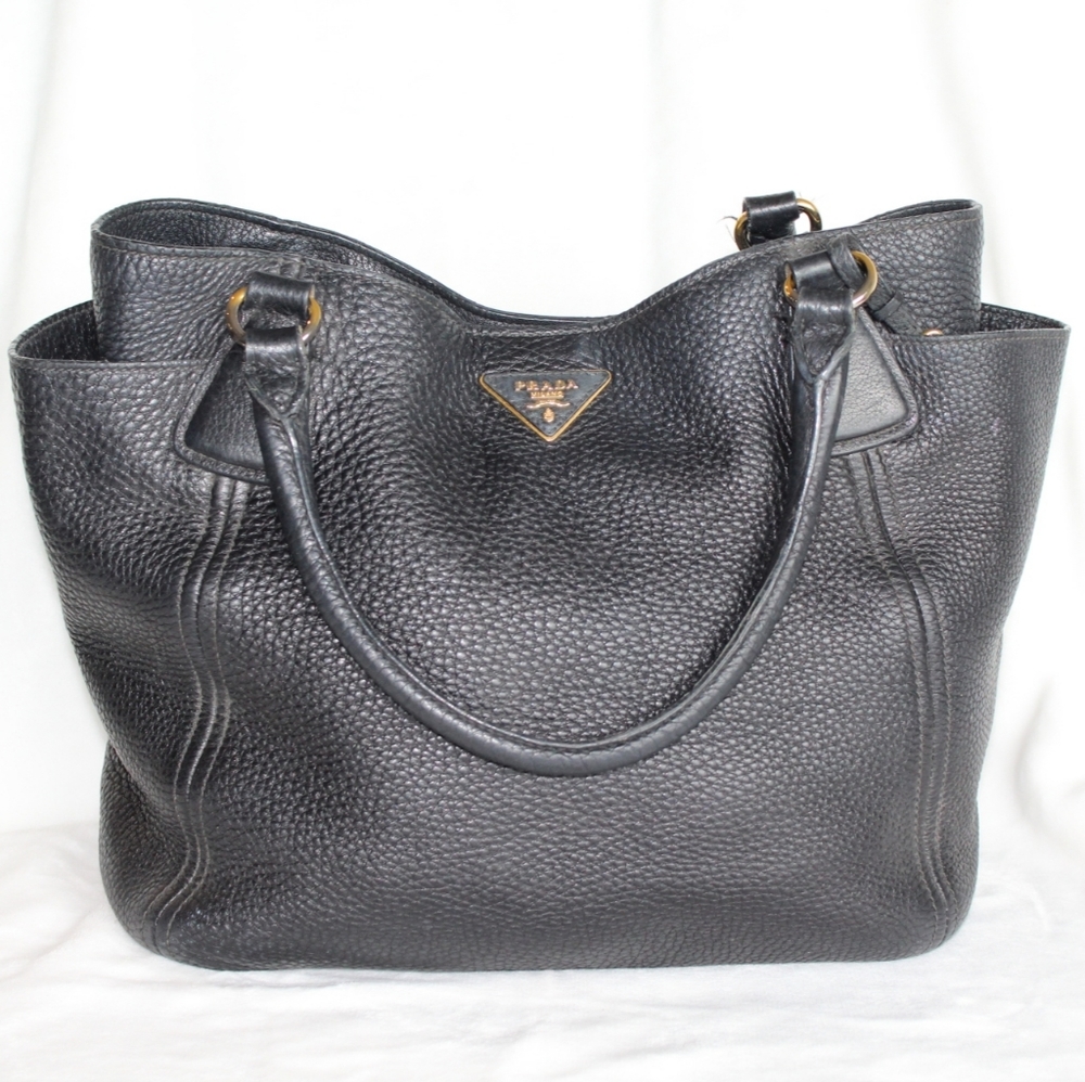 Prada Vitello Daino Black Leather Side Pocket Tote